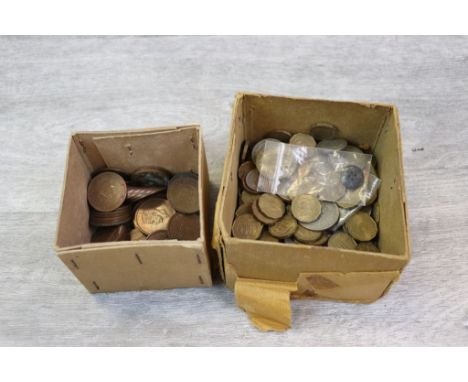 Two boxes of vintage UK coins to include Silver Half Crowns &amp; Shillings, Copper &amp; Brass