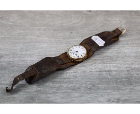 WW1 Trench style 9ct Gold wristwatch with enamel dial &amp; sub - seconds dial at the six position and Roman numeral markers,
