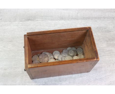 Wooden box with mainly vintage UK Silver coinage to include; Shillings, Threepences, Florins etc