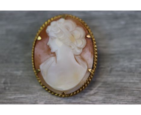 Victorian style shell cameo 9ct yellow gold brooch, the carved shell cameo depicting a female side profile with hair up, claw