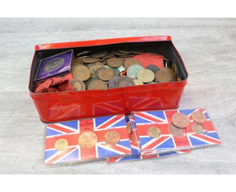 Red tin of mixed UK &amp; World coinage, mostly Cupro Nickel, Copper &amp; Brass