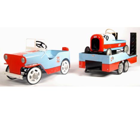 A stunning unique vintage 1960's Tri-ang / Triang made pedal car and trailer combination set. Comprising of a vintage Tri-ang