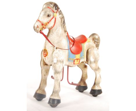 An original vintage 1950's Triang / Tri-ang Mobo ' Bronco ' metal ride-along horse. Complete, including the original harness 