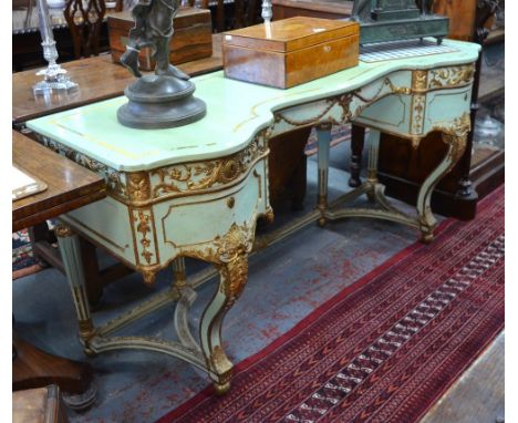 A 19th century decorative parcel gilt and painted console side table in the Venetian style of serpentine form having five fri