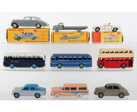 Dinky Toys, including: boxed 066 Dublo Bedford Flat Truck, 113 M.G.B. Sports Car, with driver, 150 Rolls Royce Silver Wraith,