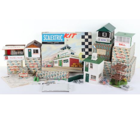 Vintage boxed Scalextric Buildings and Figures, MM/A201 Event Board and Hut with Car names and numbers and speakers, MM/A233 