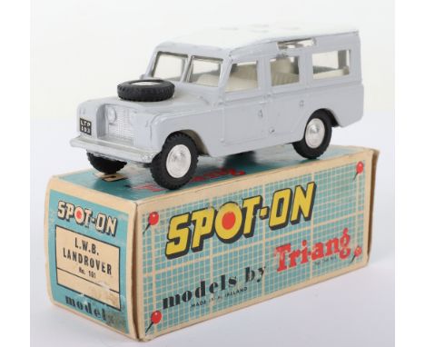 Tri-ang Spot On Model 161 Land Rover, Long Wheel Base, light grey body, white roof, white interior, black steering wheel, in 