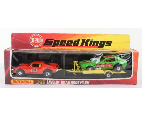 Matchbox Speedkings K-57 Javelin “Drag Race” pack boxed, K54 AMX Javelin, Milligans Mill Dragster on yellow trailer, models a
