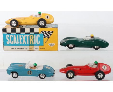 Four vintage Scalextric Racing cars, 1960s, boxed C.55 Vanwall yellow anther loose red, good to fair both lack exhausts, box 