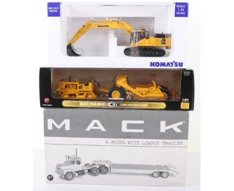 Three Boxed Construction Models, 1st Gear Allis Chalmers HD21 Crawler with Ejection Scraper 1:50 scale, Komatsu PC 400 LC Exc