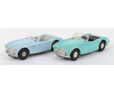 Two Unboxed Tri-ang Spot On Models 105 Austin Healey “100-SIX”  light blue body, grey seats, turquoise body, grey interior, b