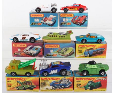 Eight Boxed Matchbox Lesney Superfast Models, MB-2f Rescue Helicopter, light brown side skirt, MB-8g De Tomaso Pantera, white