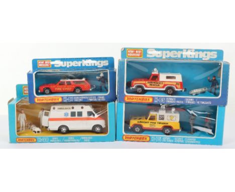 Four  Boxed Matchbox Superkings Emergency vehicles,K-38 Dodge Ambulance, K-65 Plymouth Emergency Rescue,K-67 Dodge red/white 