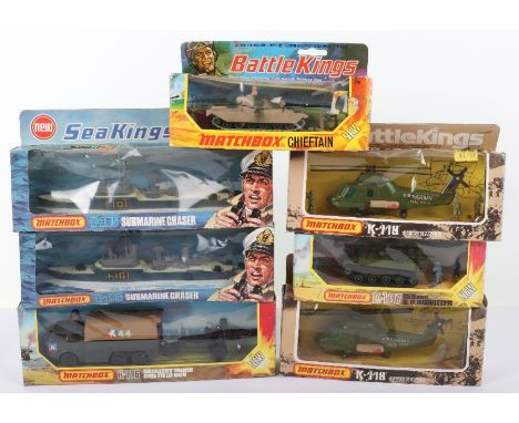 Seven Boxed Matchbox Lesney Battlekings/Seakings,K-103 Chieftain Tank,K-107 155mm S.P. Howitzer,  K-116 Artillery Truck and F