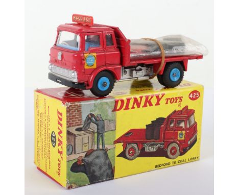 Dinky Toys 425 Bedford TK Coal Lorry "Hall &amp; Co” red body, blue interior, Scarce blue plastic wheel hubs, in near mint co