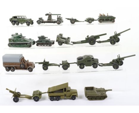 Quantity of unboxed Military Dinky Toys, 151a Medium Tank,151b six wheeled army transporter (with replacement tin tilt) two s