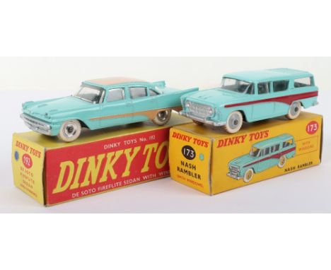 Dinky Toys 192 De Soto Fireflite Sedan, turquoise body, light tan roof/side flash, spun wheel hubs, white tyres, in near mint