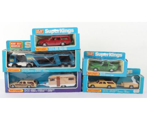 Five  Boxed Matchbox Superkings,K-10 Bedford Cat Transporter, K-68 Dodge Monaco &amp; Trailer, K-74 Volvo Estate, K-70 Porsch