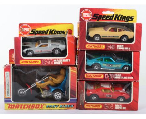 Five Boxed Matchbox Speedkings, including, K-47 Easy Rider Chopper Bike,K-54 AMX Javelin, red body, K-56 Maserati Bora, silve