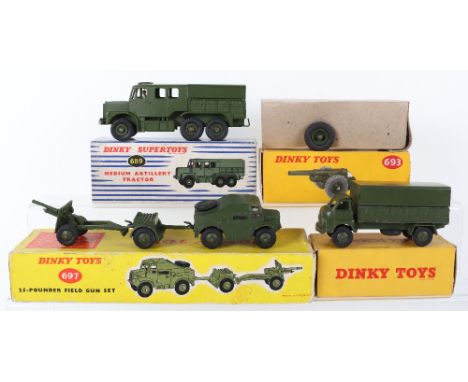 Four Boxed Dinky Toys Military Models, 621 Bedford 3-Ton Army Wagon, 689 Medium Artillery Tractor, 693 7.2 Howitzer, with inn