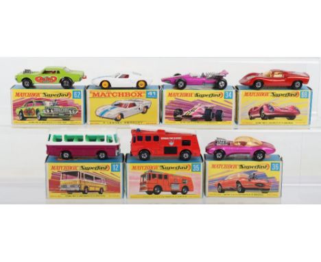 Six Boxed Matchbox Lesney Superfast Models, MB-12d Setra Coach, metallic purple, MB-34d F1 Racing Car, metallic purple, 16 pa