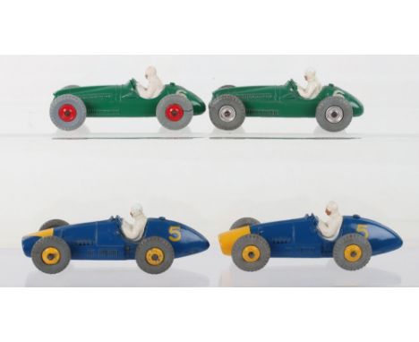 Four Unboxed Dinky Toys Racing Cars, 233 Cooper Bristol, red plastic wheel hubs, 233 Cooper Bristol, spun wheel hubs, 234 Fer