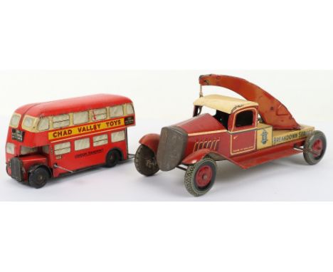 Chad Valley tinplate c/w London Transport Double Decker bus 38A, red with tin printed Victoria, Leyton, Islington destination