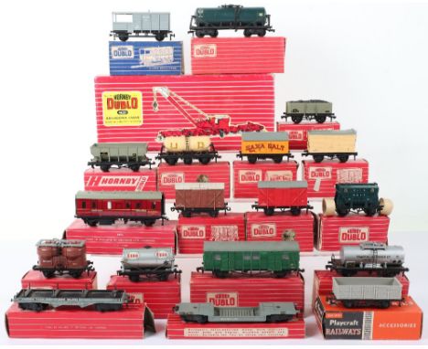 Eighteen Hornby Dublo 00 Gauge 2-Rail Boxed Rolling Stock, 4065 40-ton bogie Well wagon, 4076 Six Wheeled passenger brake van