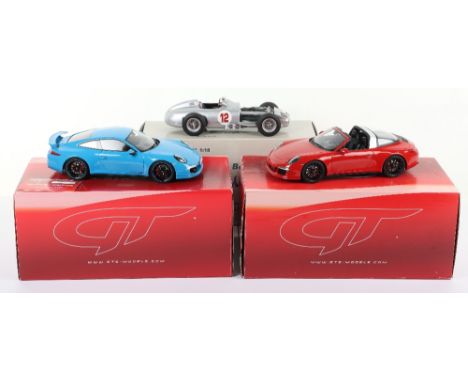 Three 1:18 Scale Models, including two Resin GT Spirit GT085 Porsche 991 C4S Blue, GT718 991 Targa GTS red Porsche and CMC di