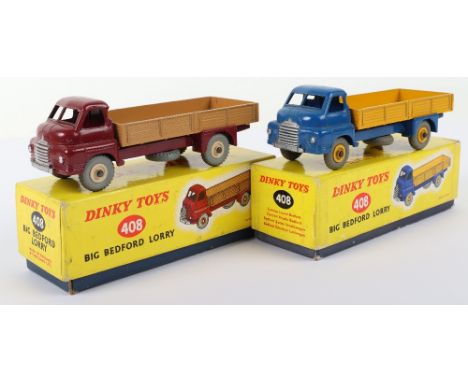 Two Boxed Dinky Toys 408/522 Big Bedford Lorries, maroon cab, fawn back, cream ridged wheel hubs and blue cab, yellow back/ri