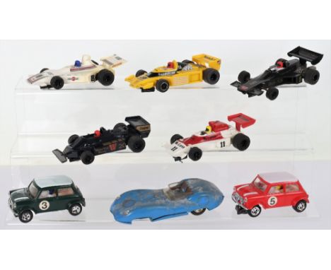 Eight Unboxed Hornby Hobbies /Scalextric Slot Cars, Lister Jaguar (for restoration) Mini Cooper/ green/white No.3, Mini Coope
