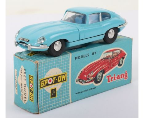 Triang Spot-On Model 217 Jaguar ‘E’ Type, light blue body, blue interior, black plastic steering wheel, in near mint original