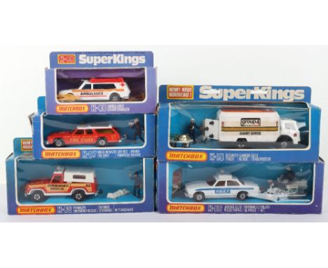 Five  Boxed Matchbox Superkings Emergency vehicles,K-49 Ambulance,K-65 Plymouth Emergency Rescue, K-66 Jaguar XJ/12 Police Pa