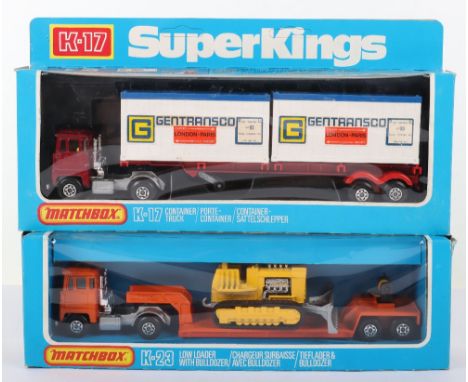 Two Boxed Matchbox Superkings commercial vehicles, K-23 Scammell Low loader with bulldozer and K-17 Scammell container truck 