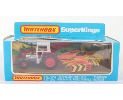 Matchbox Superkings K-87 Massey Ferguson 595 Tractor &amp; Rotary Rake, in mint original condition, window display box is exc