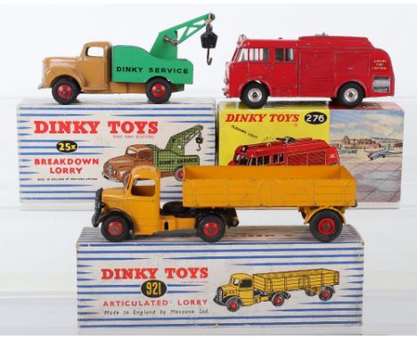 Three Boxed Dinky Toys, 25x Commer Breakdown Lorry, tan cab/chassis, green back, red ridged wheel hubs, in good original cond