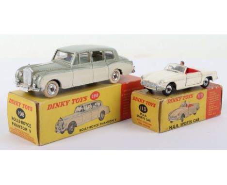 Two Boxed Dinky Toys Cars, 113 MGB sports car, cream body, red interior, spun hubs and driver, good condition, some paint tou