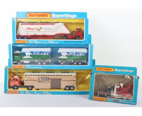 Four Boxed Matchbox Superkings, K-3 Bedford Grain Transporter ‘Kelloggs’ K-8 Mercedes Animal Transporter, complete with farme