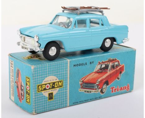 Tri-ang Spot On Model 184 Austin A60 Cambridge, fitted with roof rack &amp; skis, light blue body, silver plastic rack, white