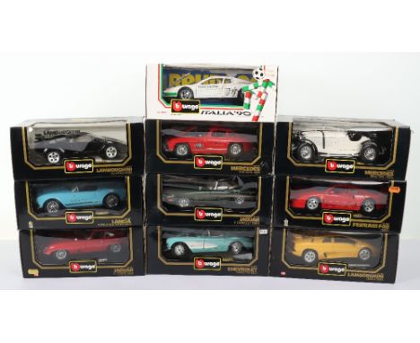 Ten Burago 1:18 Scale Die-cast Boxed models cars, Including, cod.3010 Lancia Aurelia B24 Spider, cod.3026 Jaguar E Cabriolet,