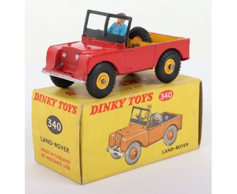 Scarce Dinky Toys 340 Land-Rover Later Issue, red body, yellow interior, yellow plastic wheel hubs, blue plastic driver, in n