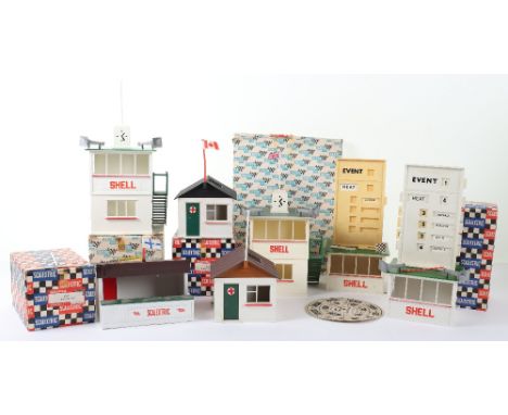 Scalextrics Accessories, including boxed A202 Event board and hut, A/211 First Aid Hut, A202 Racing Pit, A208 Control Tower, 