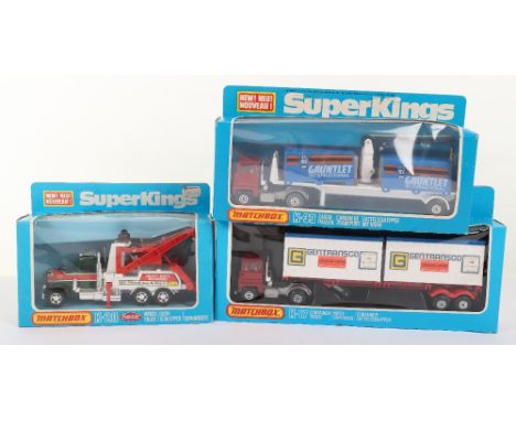 Three Boxed Matchbox Superkings Commercial Vehicles, including, K-17 container truck “Gentransco” K-20 Peterbilt Wreck Truck 