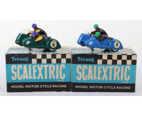 Two vintage boxed Scalextric Motor Cycle Typhoons, 1960s, two boxed MM/BI Motor Cycle Racing Typhoon’s, green RN6 and blue RN