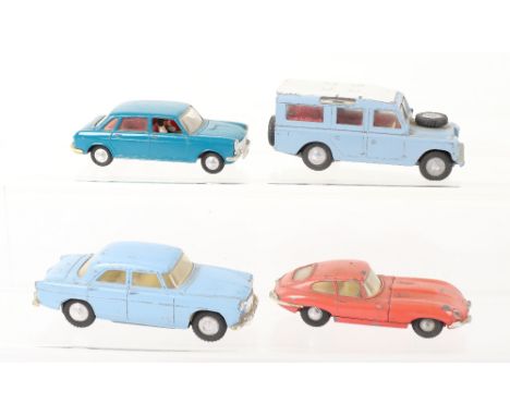 Four Unboxed Tri-and Spot On Models, 157 Rover 3 Litre, light blue body,161 Land Rover LWB, 217 Jaguar E Type, red body, 286 