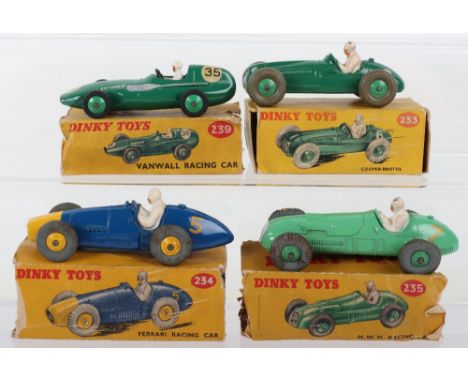 Four Boxed Dinky Toys Racing Cars, 233 Cooper Bristol, green body, white driver no.6, 234 Ferrari, blue/yellow, white driver 