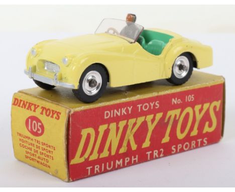 Dinky Toys 105 Triumph TR2 Sports, lemon yellow body, pale green interior, grey driver, with spun wheels hubs, in very good o