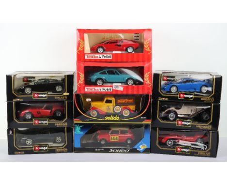 Ten 1:18 scale Diecast boxed model cars, including, Burago cod.3055 Bugatti EB110 black, cod.3009 Mercedes-Benz SSK, cod.3007