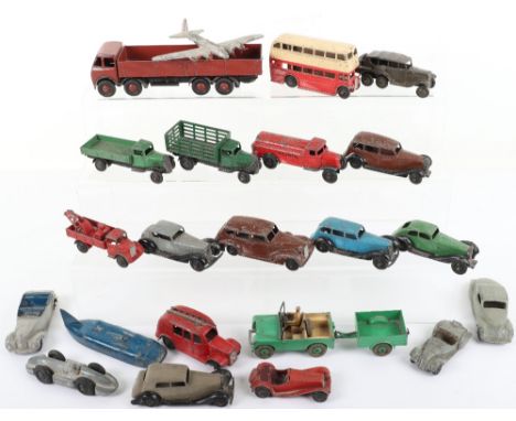 Quantity Of Playworn Dinky Toys, including:23n Thunderbolt, 25a wagons, 25d Petrol Tanker, 25f Market Gardiners lorry, 25h St