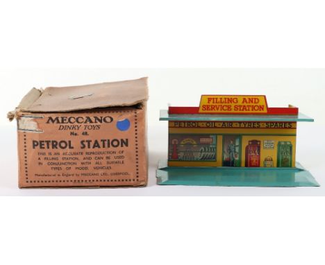 Scarce Dinky Toys Boxed Pre-War No.48 Tinplate Petrol Station turquoise base and roof, with ‘Filling and Service Station roof